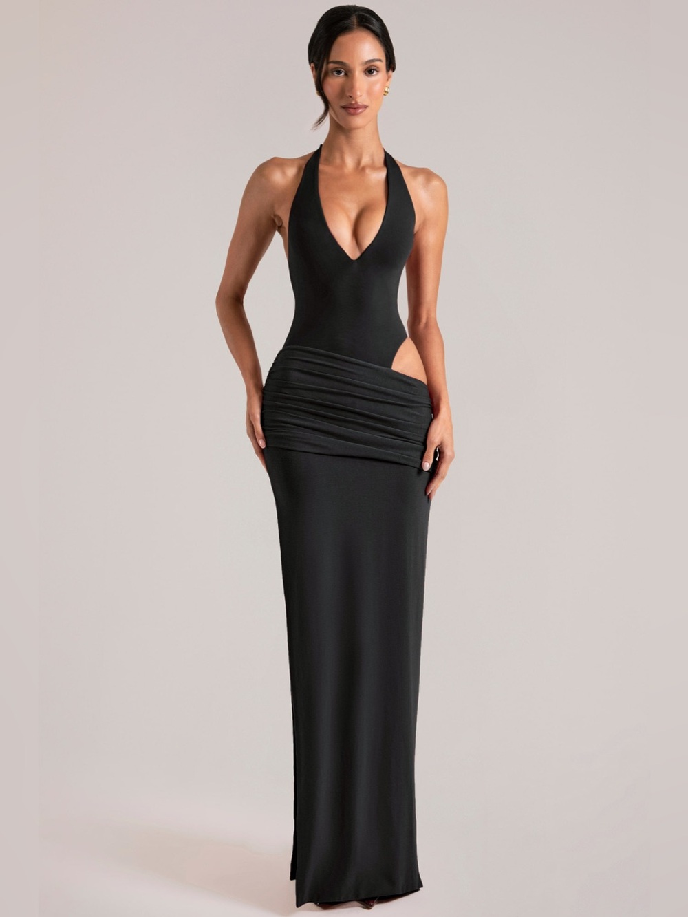 Oh Polly Oona Deep Plunge Halterneck Maxi Dress in Black